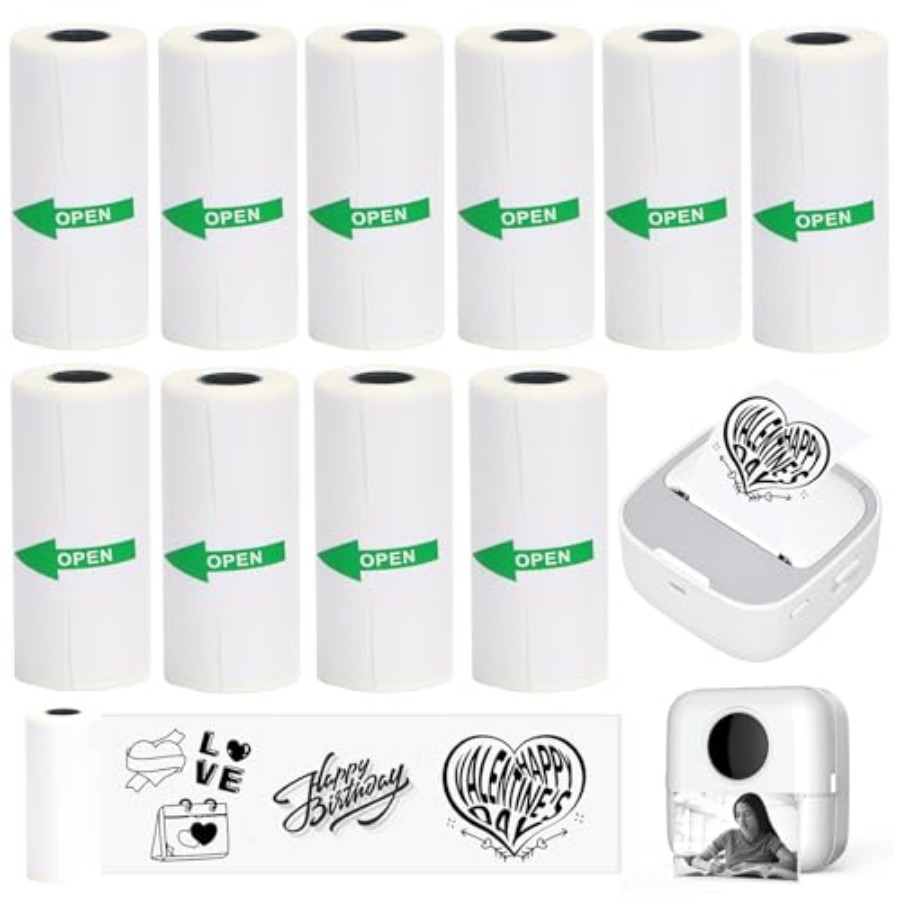 Mini Pocket Thermal Printer Paper Roll - 10 rolos de papel térmico para