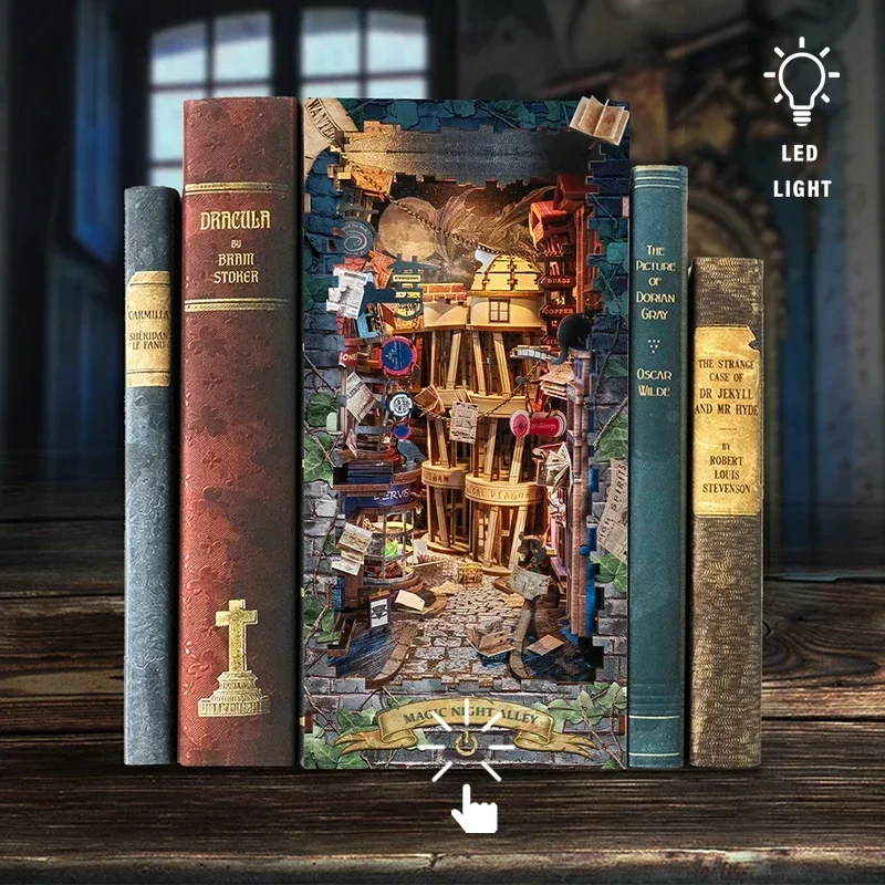 Retro diy magia noite alley li - Diy Wooden Book Nook Kit Shelf Insert avaliação e preço
